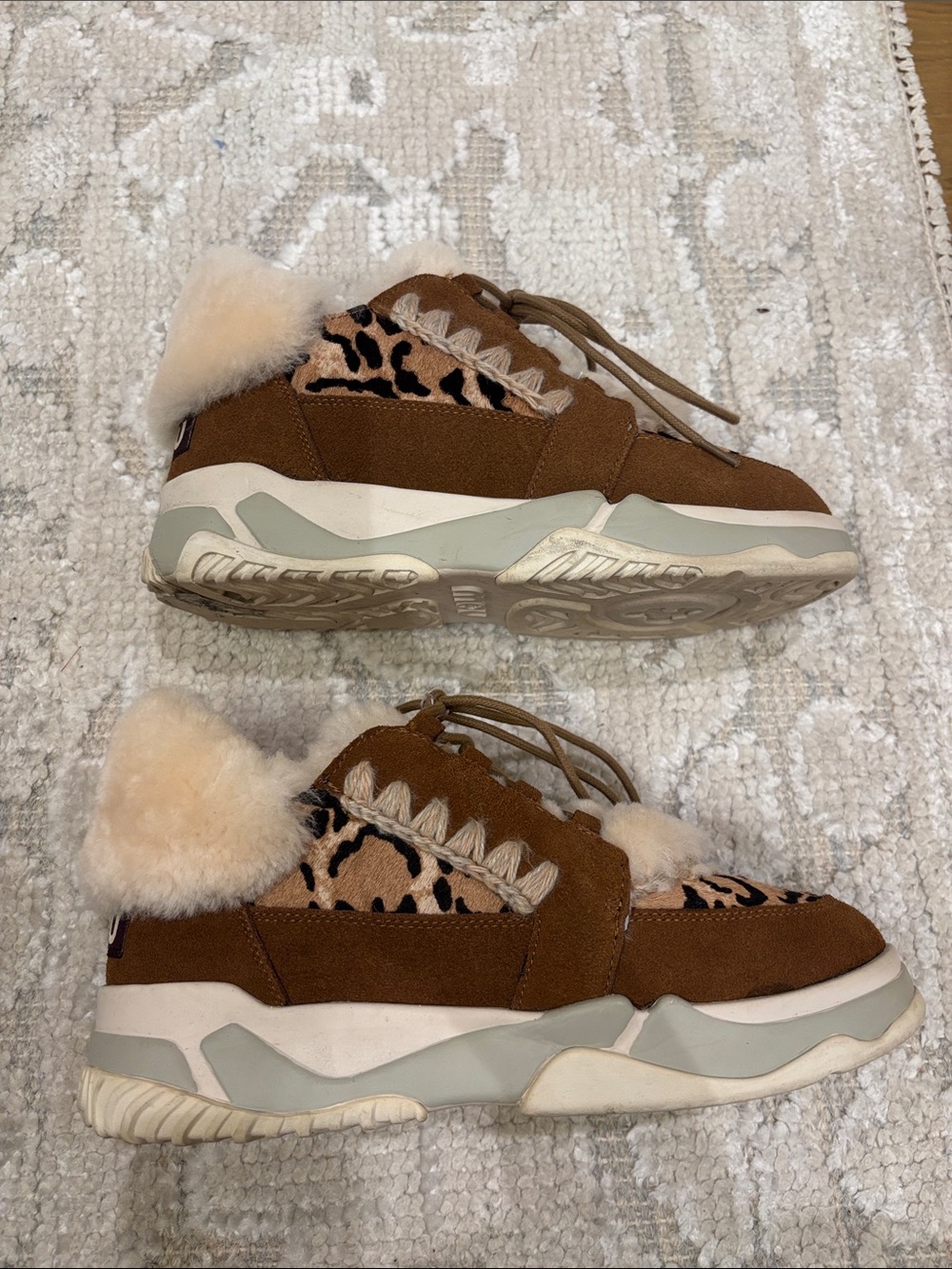 Mou Brown Suede Shearling Sneakers with Leopard Print - Picture 3 of 5